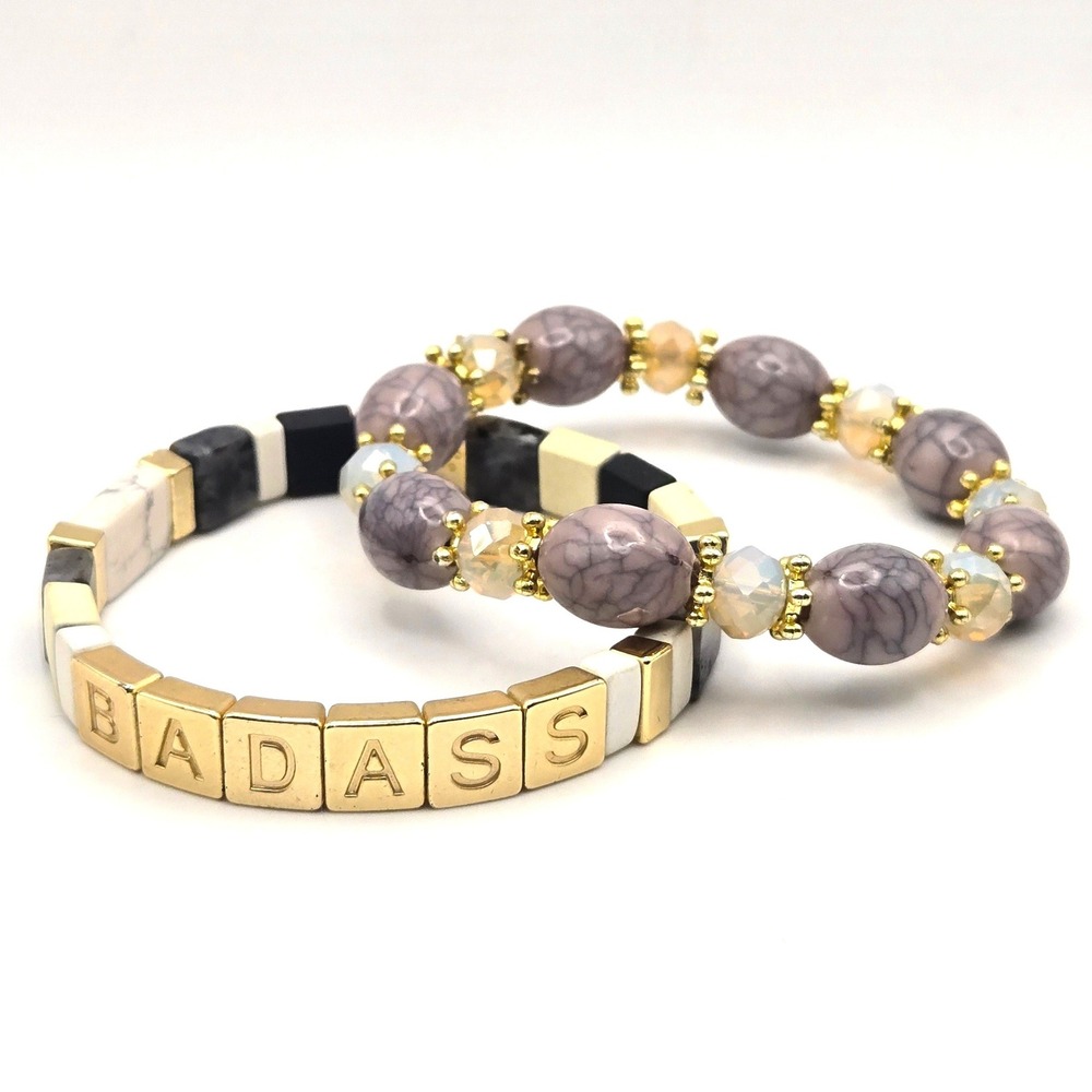 Curated‎ Wears Badass Stretch Bracelet and Purple Dyed Howlite Bead Gold Tone